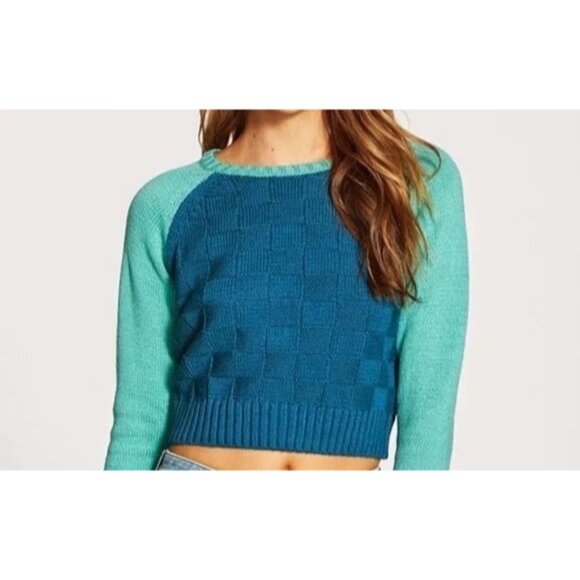 RVCA ASHLEY SMITH Crop Sweater L Blue Teal Woven Pattern Colorblock Cotton Blend - Picture 3 of 3